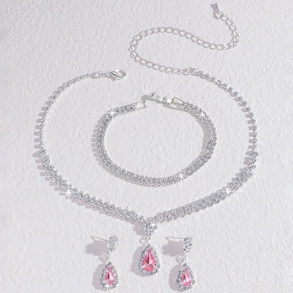 Silver Jewelry Set Prom Bridal Wedding Crystals Necklace Earrings Bracelet Women - Picture 7 of 7